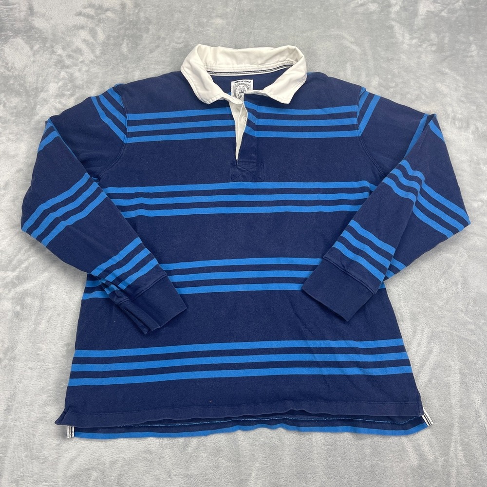 Vtg Lands' End Shirt Mens XL Blue Striped Long Sleeve Collared Rugby Popover